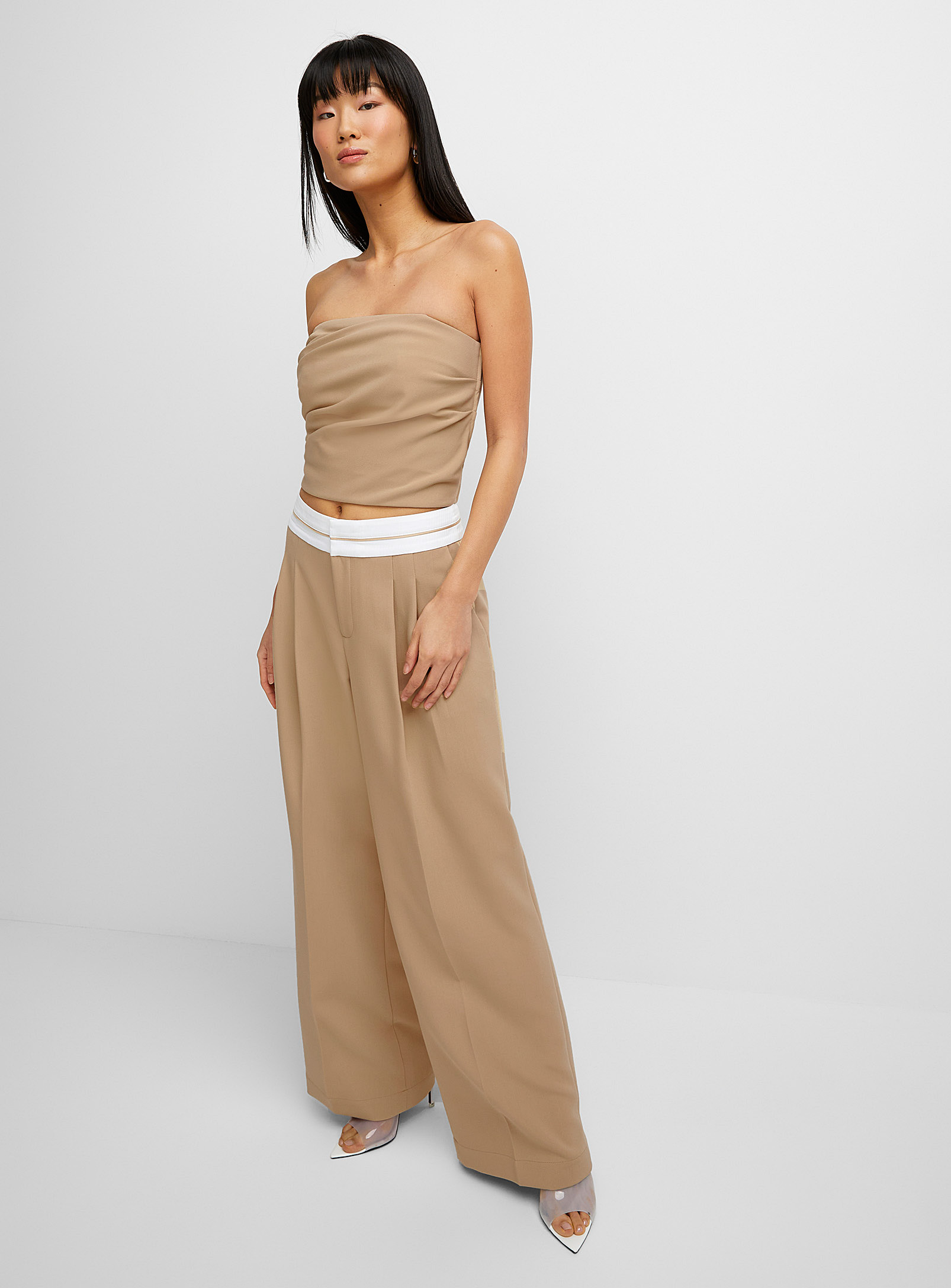 Icone Foldover-waist Thick Crepe Dress Pant In Fawn