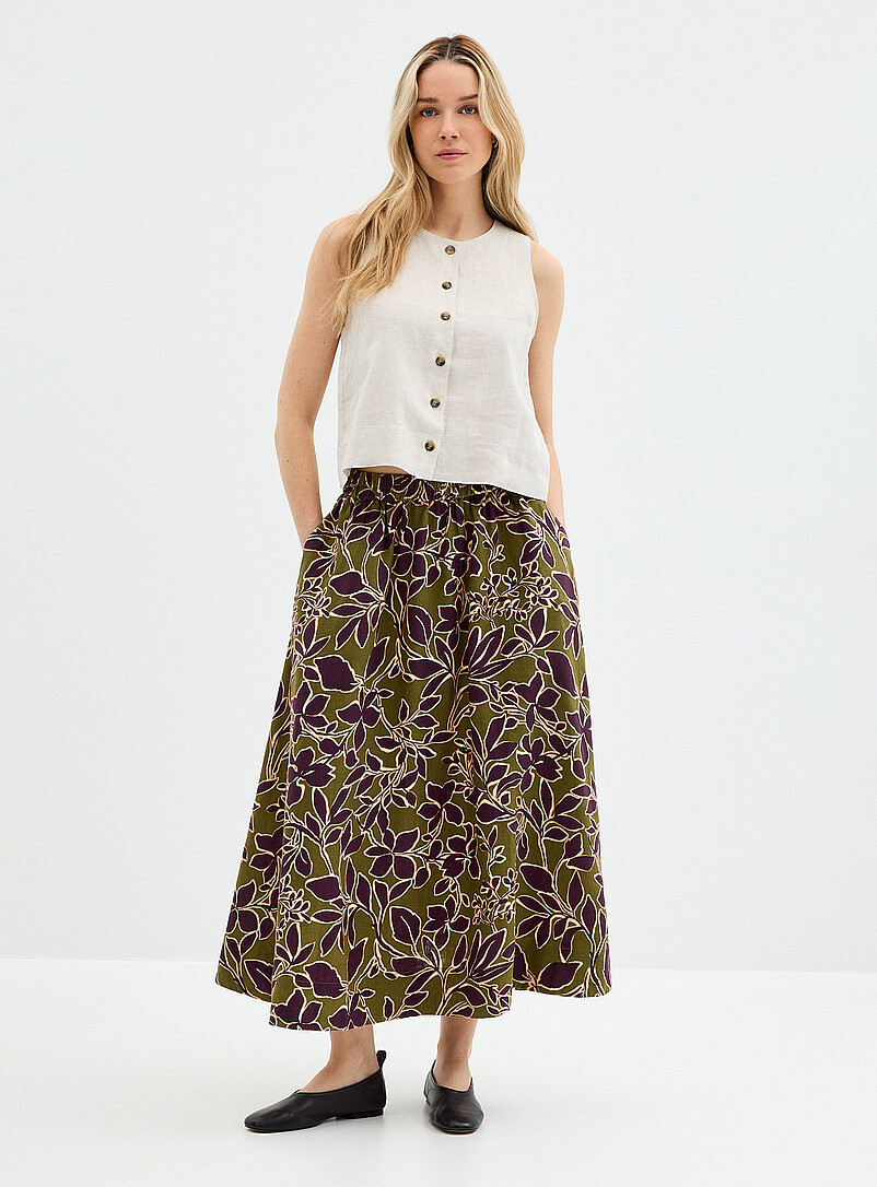 Printed Pure Linen Flared Skirt