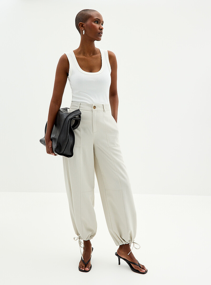 Fluid Drawstring Hem Pant Fit: Wide Leg, High Rise