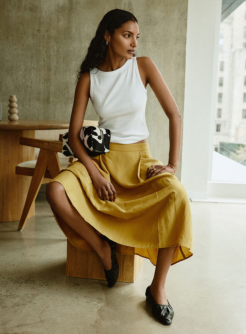 Pleated Waist Flared Maxi Skirt
