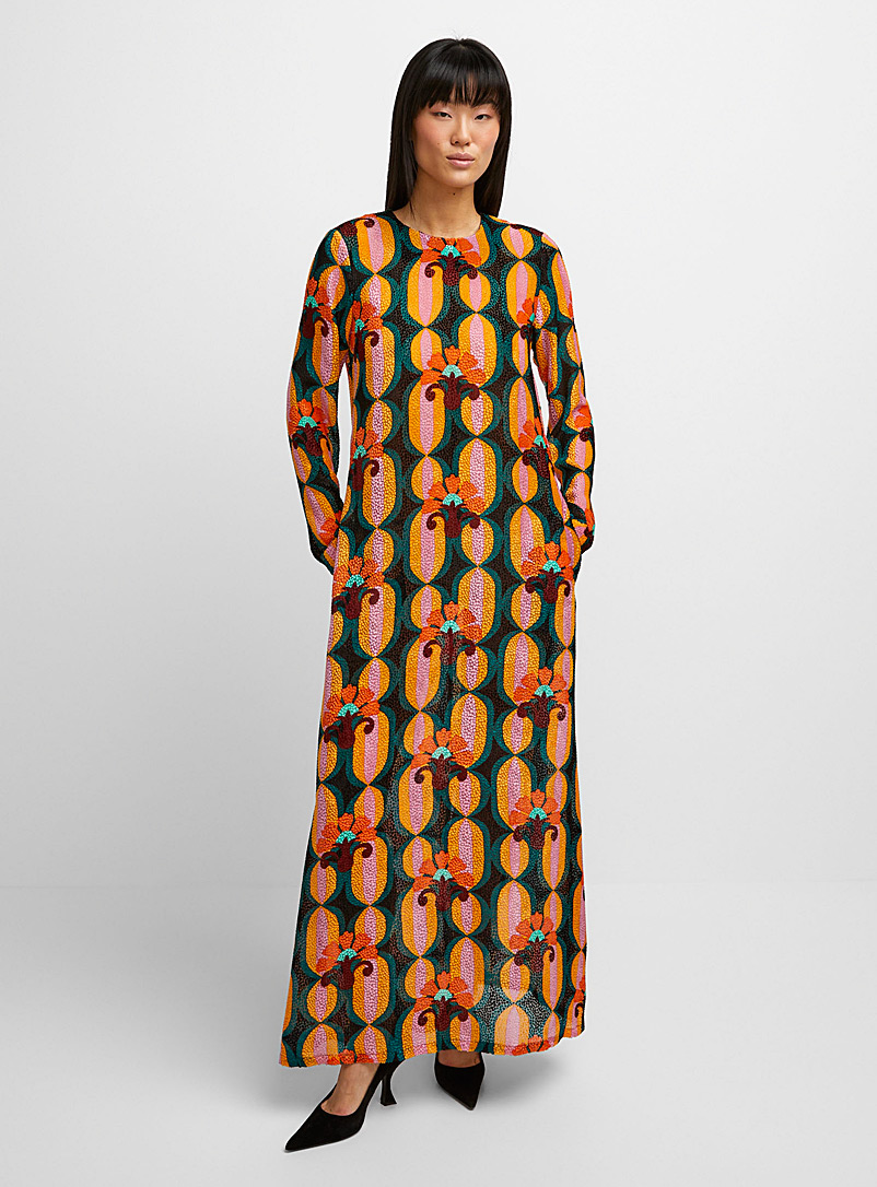 La DoubleJ: La robe en velours Swing Arcturus Blue Petrol Orange à motifs pour femme