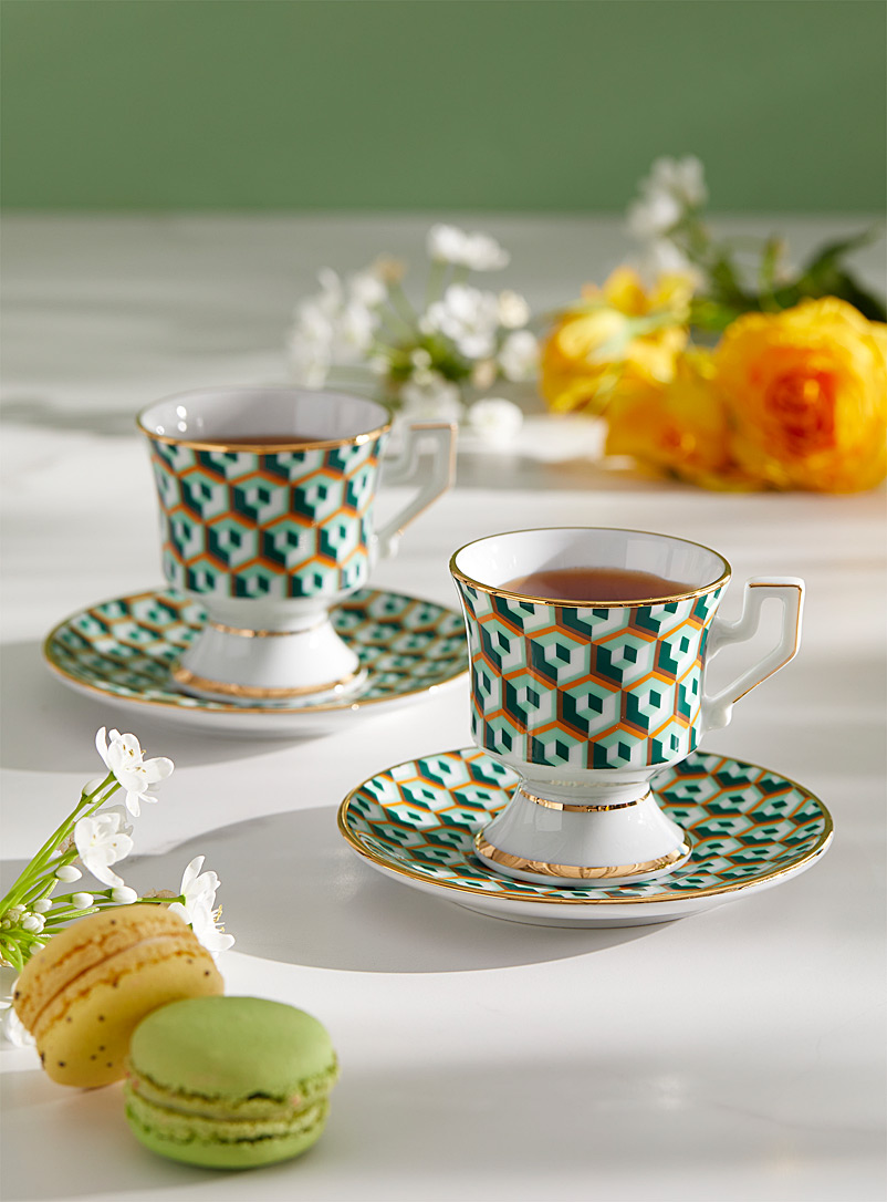 La DoubleJ Patterned Green Cubi espresso cups and saucers Set of 2 for women