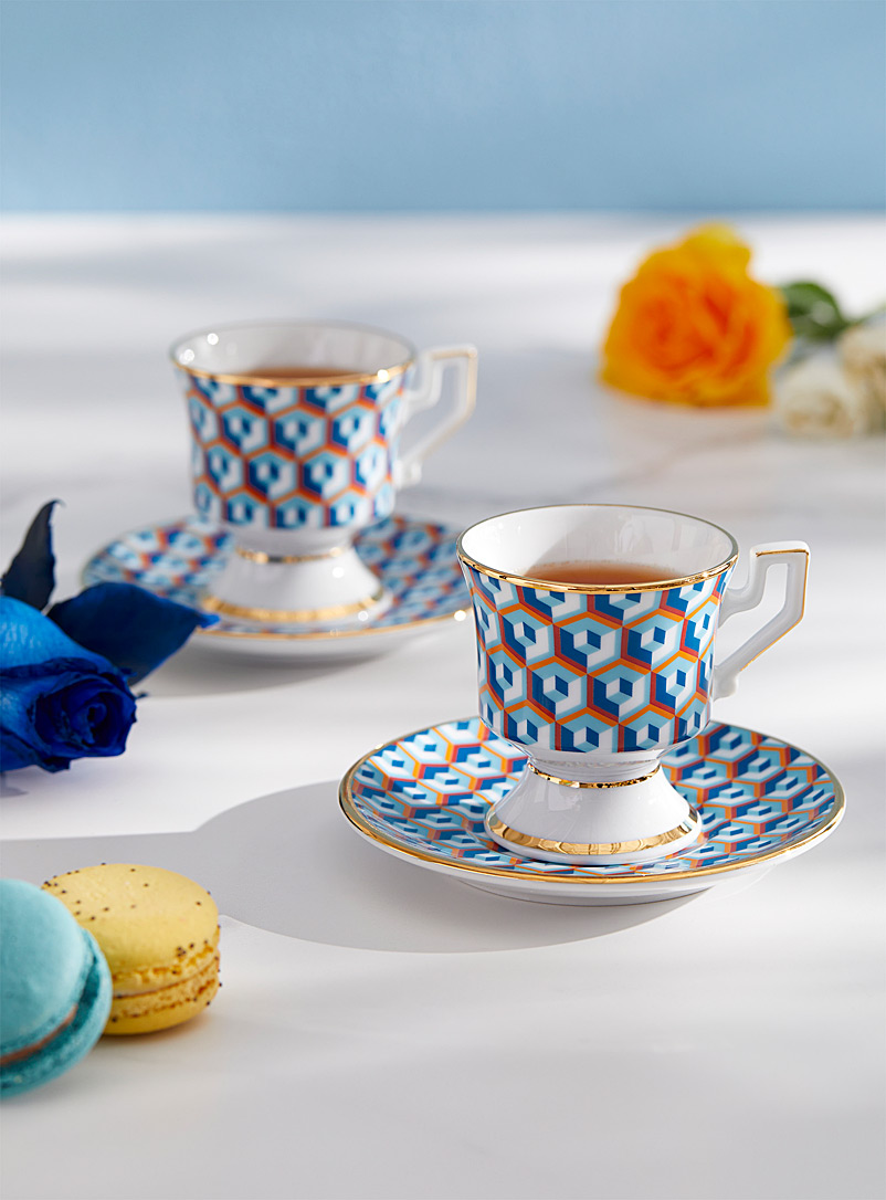 La DoubleJ Patterned Blue Cubi espresso cups and saucers Set of 2 for women