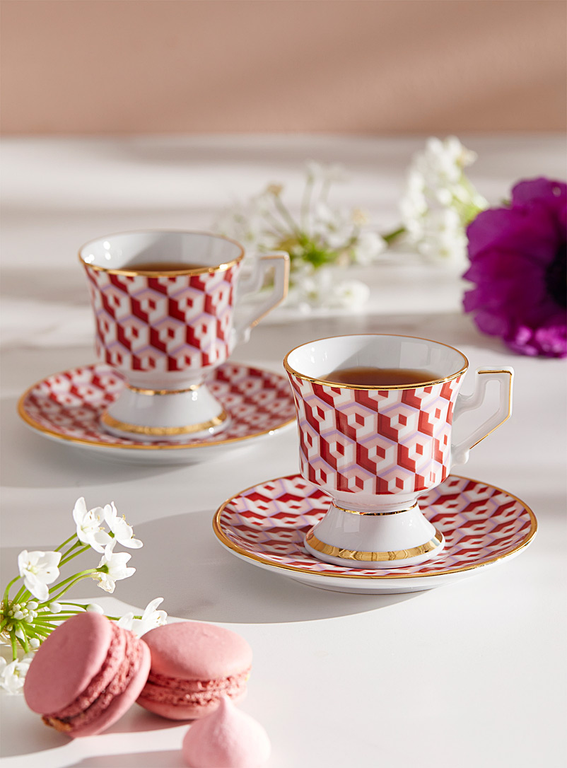 La DoubleJ Patterned Red Cubi espresso cups and saucers Set of 2 for women