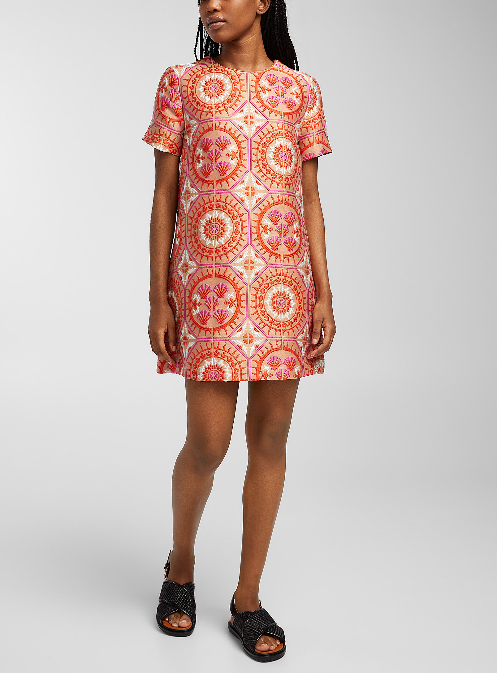 La DoubleJ - Women's Mini Swing Sun Orange embroidered dress