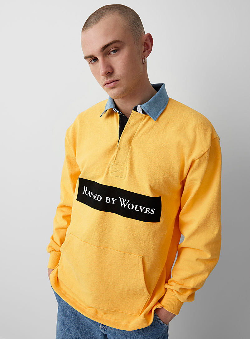 Raised by Wolves Golden Yellow Denim/zebra collar rugby polo for men