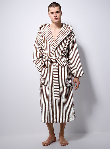 Hooded striped terry bathrobe