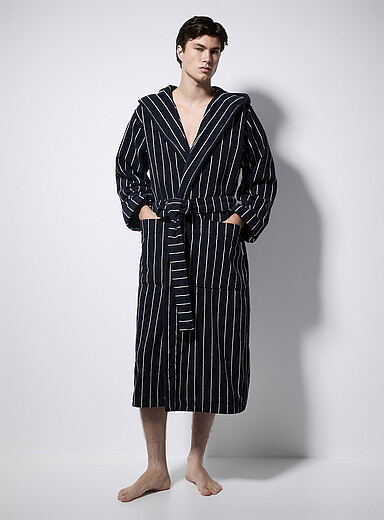 Hooded striped terry bathrobe