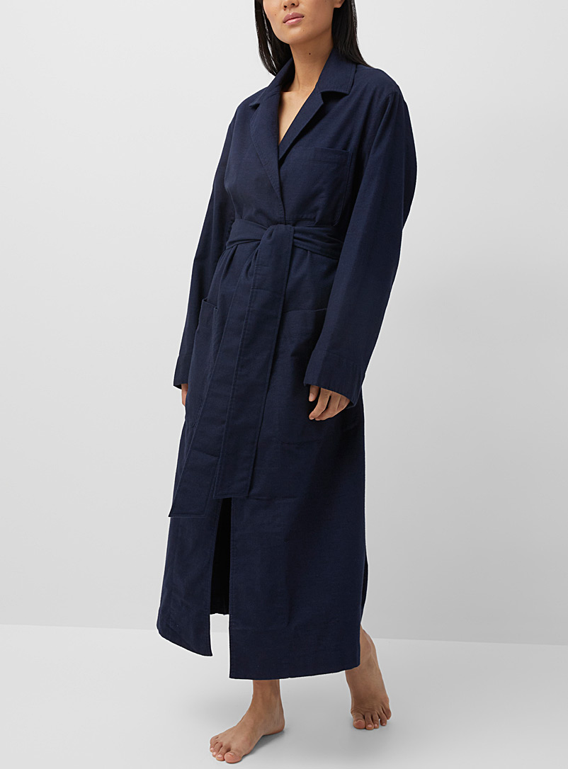 Tekla Dark Blue Organic cotton flannel bathrobe for women