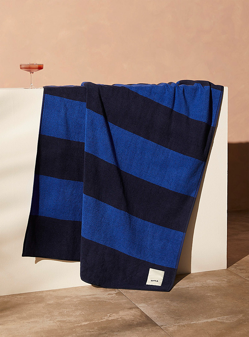 Tekla Dark Blue Wide stripes organic cotton beach towel for women