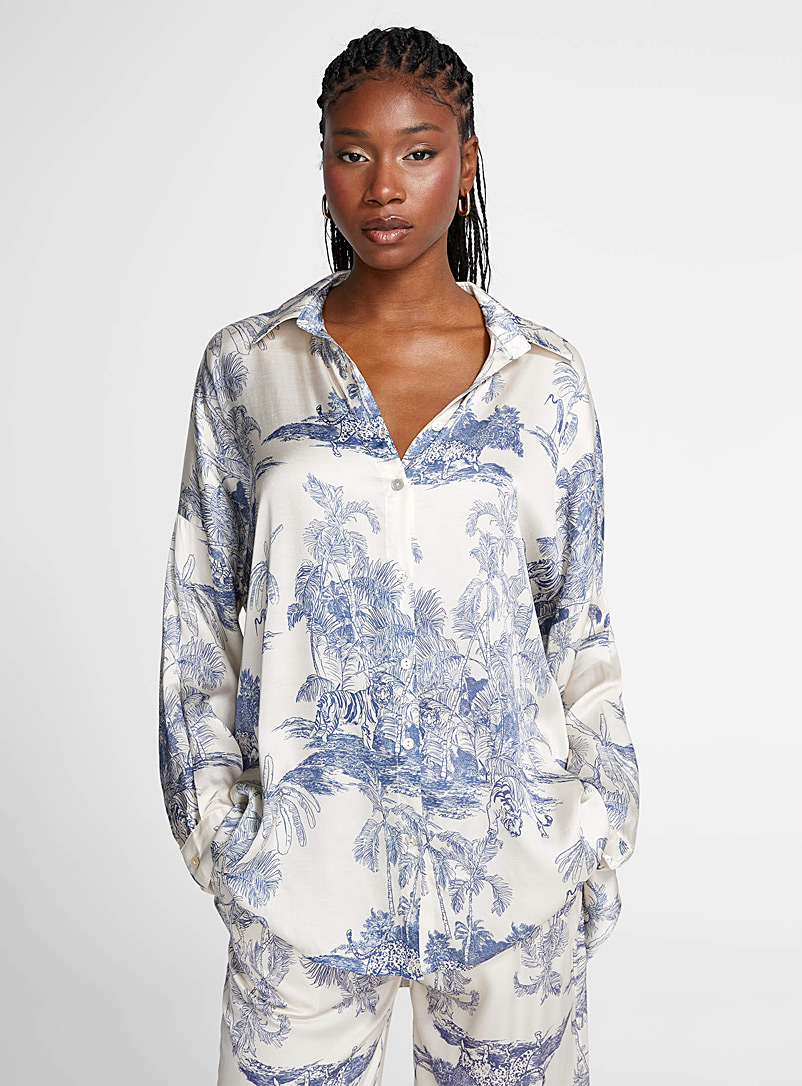 Icône: La blouse surdimensionnée toile de Jouy Bleu à motifs pour femme