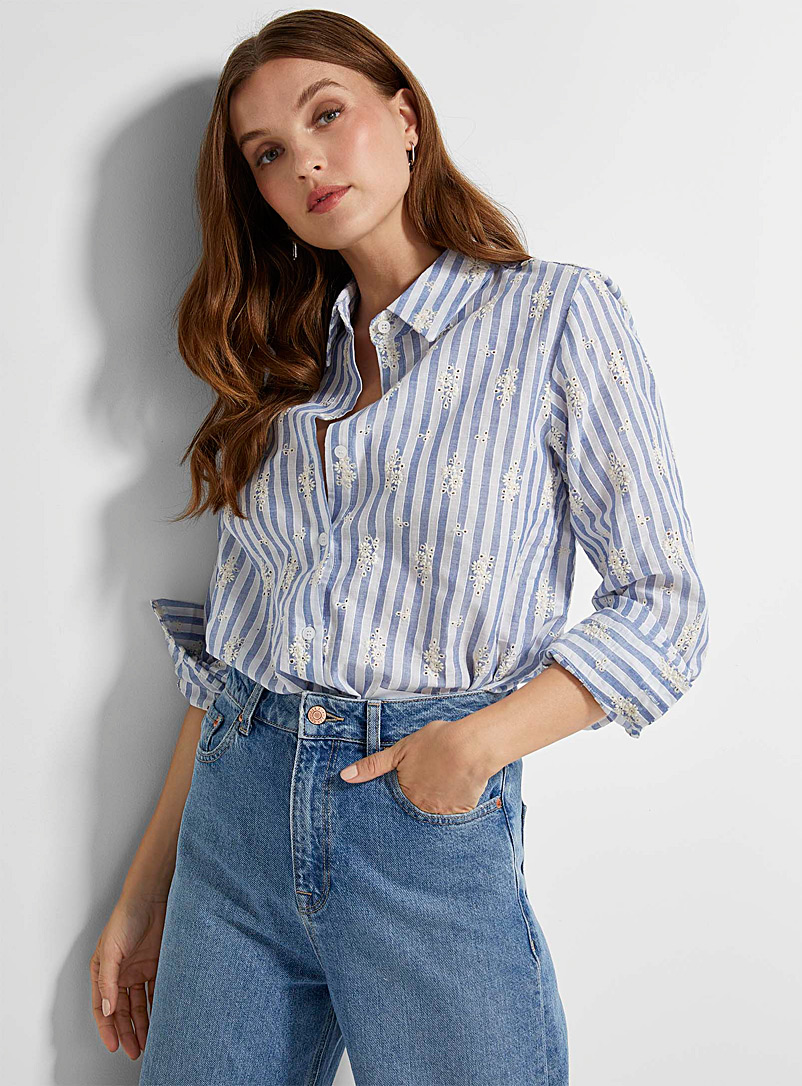 Icône Patterned Blue Embroidered flowers striped loose shirt for women