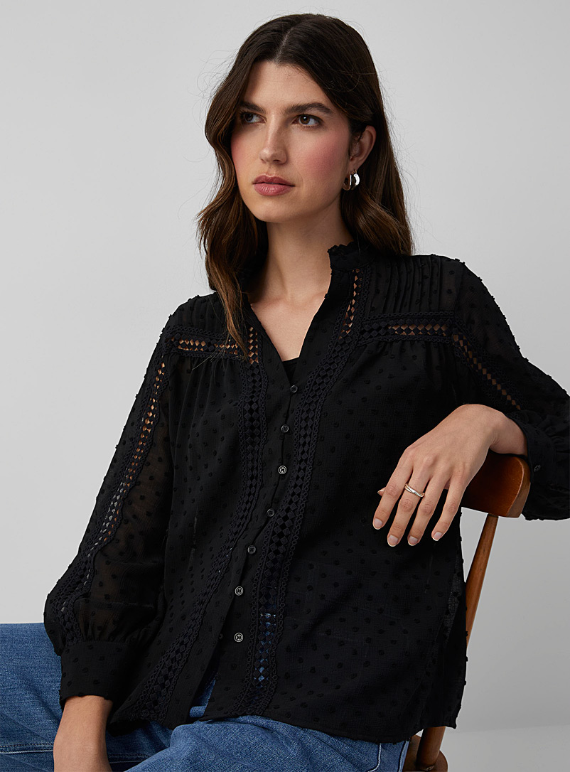 Contemporaine Black Crochet ribbons Swiss dots blouse for women