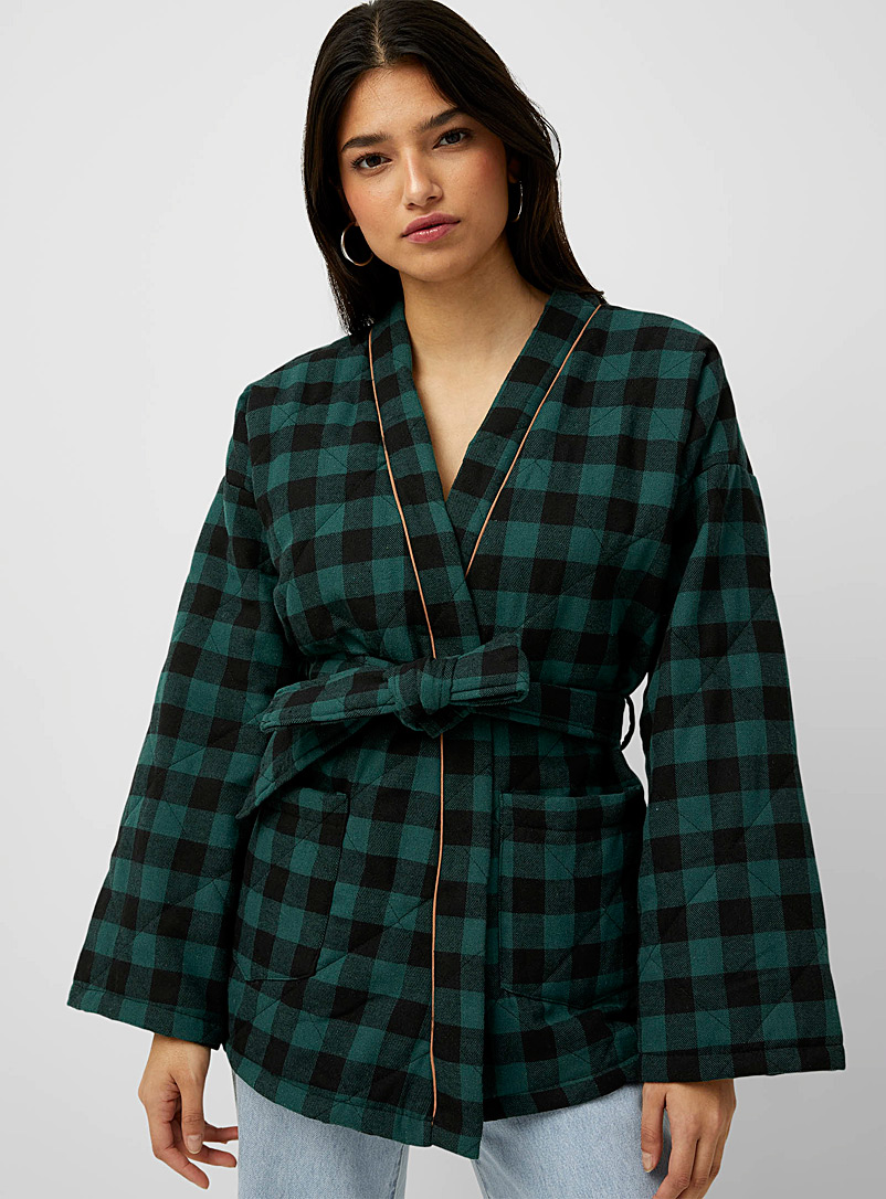 Icône: Le kimono flanelle à carreaux Vert à motifs pour femme