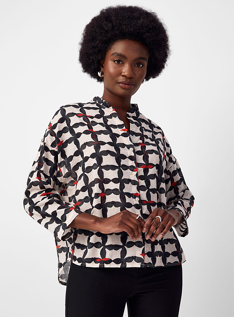Contemporaine: La blouse voile quadrillé contraste Noir à motif pour femme