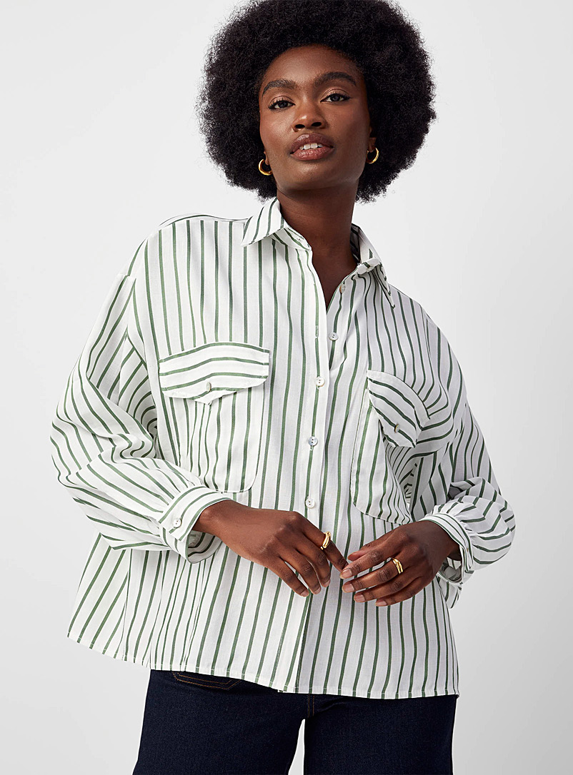 Contemporaine Mossy Green Vertical-stripe loose shirt for women