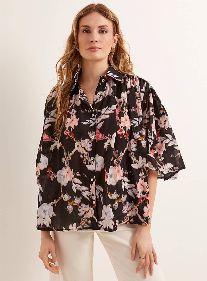Contemporaine Patterned Black Night garden voile loose shirt for women