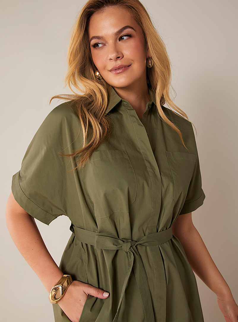 Contemporaine: La robe chemise popeline ceinture et poches Kaki - Sauge - Olive pour femme