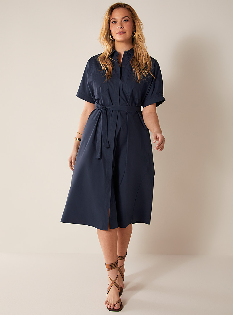 Contemporaine Navy/Midnight Blue Poplin belt and pockets shirtdress for women