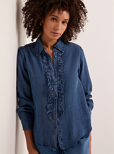 ESPRIT - Faux-denim sleeveless blouse with ruffled neckline at our online  shop