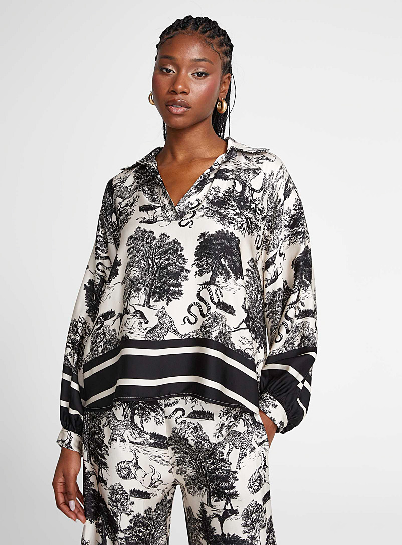 Icône: La blouse surdimensionnée toile de Jouy noir et blanc Noir à motifs pour femme