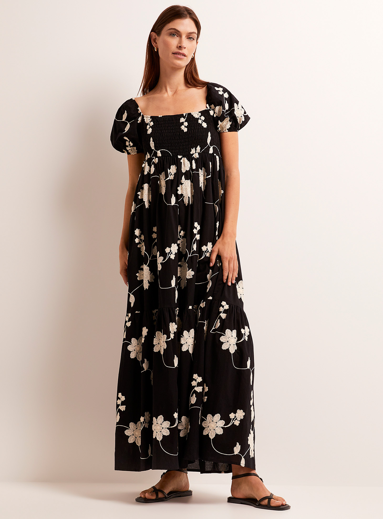 Contemporaine Embroidered Flowers Ruffled Dress In Patterned Black