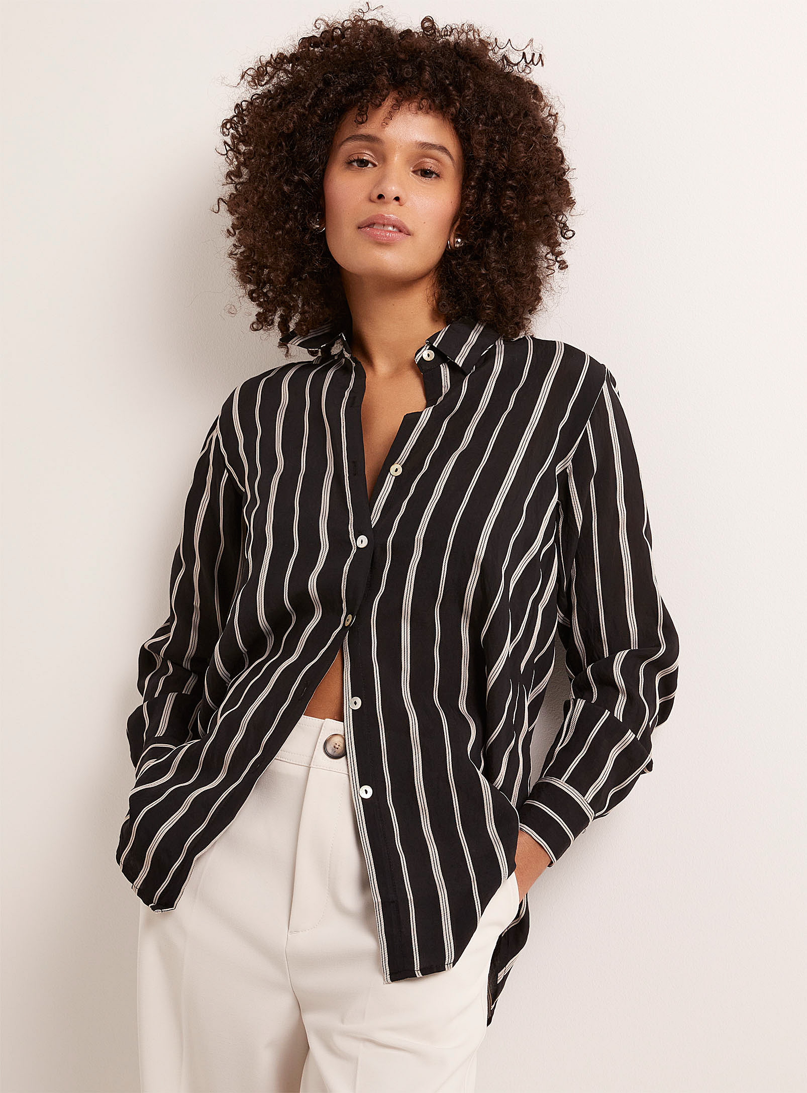 Contemporaine Embroidered Stripes Long Shirt In Patterned Black