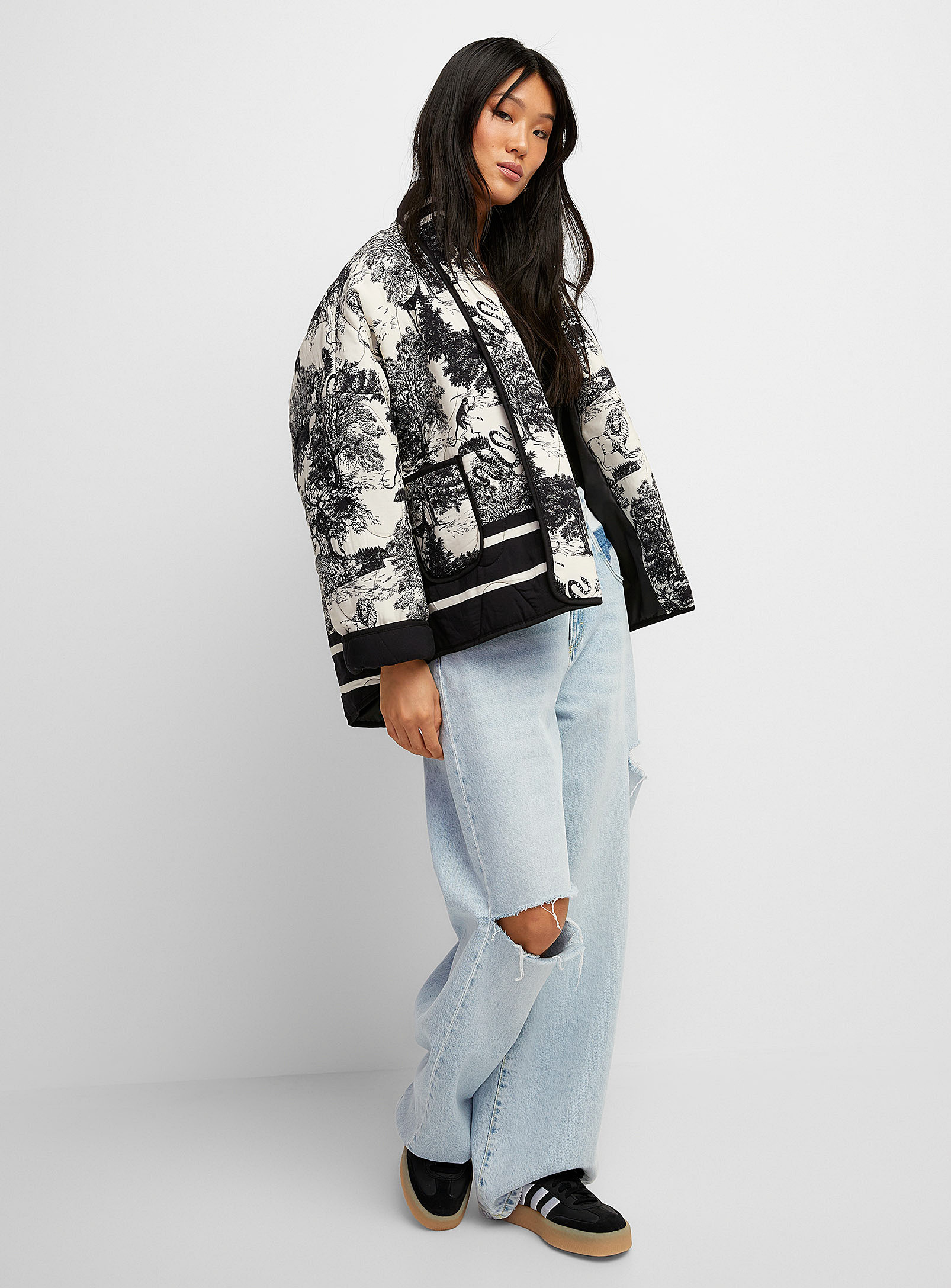 Icone Toile De Jouy Open Quilted Jacket In Black And White