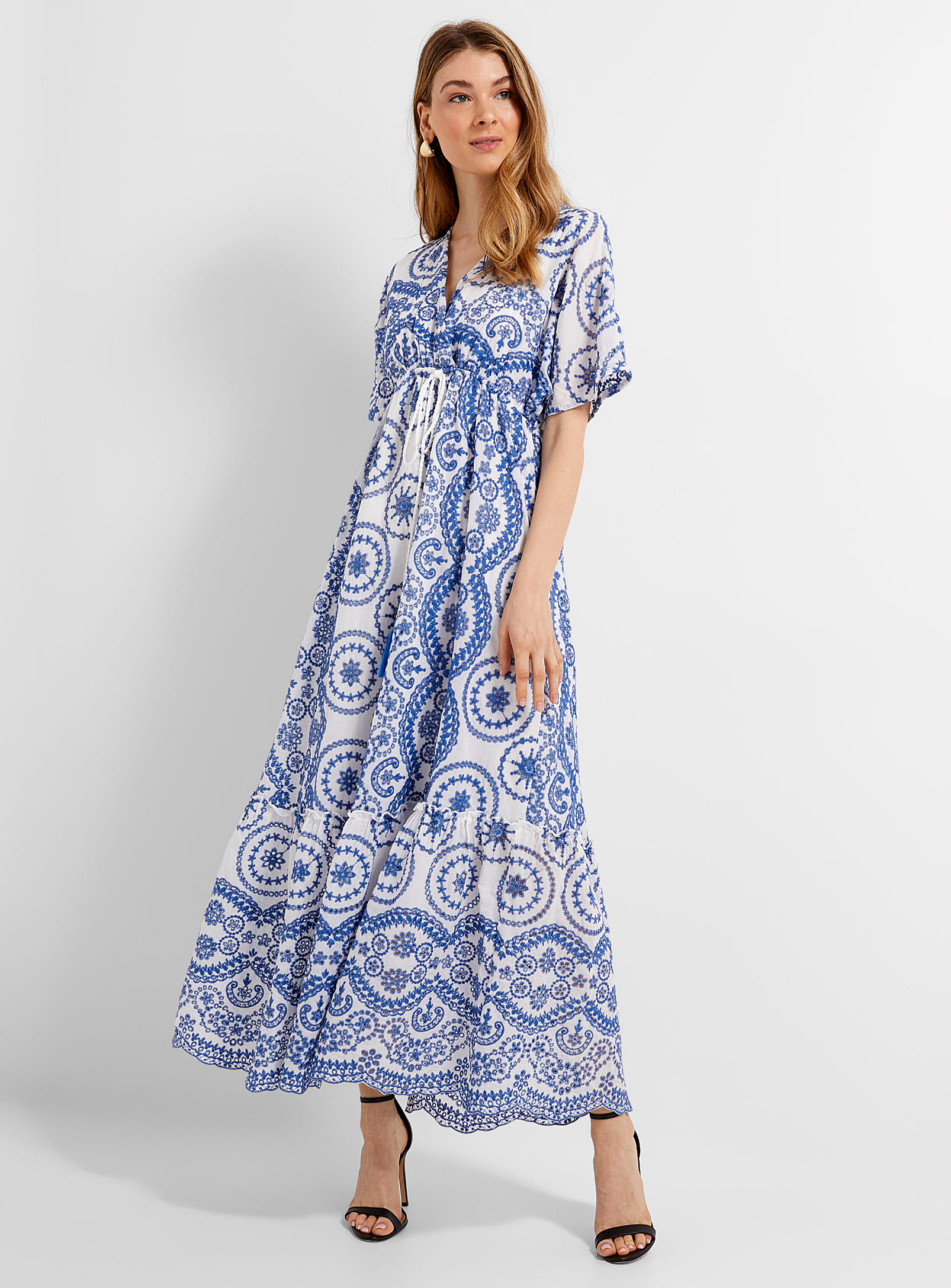 Contemporaine Tasseled Broderie Anglaise Dress In Patterned Blue
