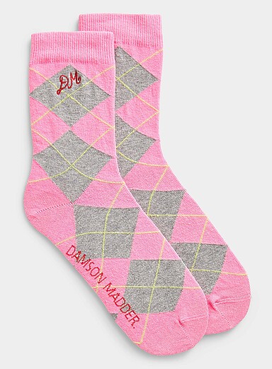 La chaussette rose argyle gris et vert
