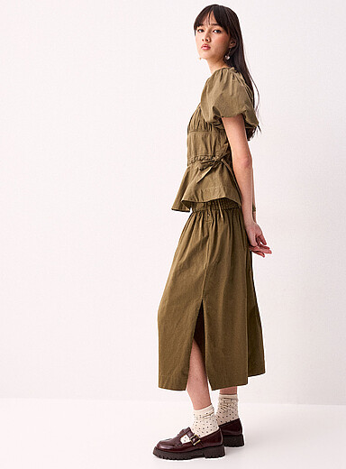 Polished poplin drawstring maxi skirt