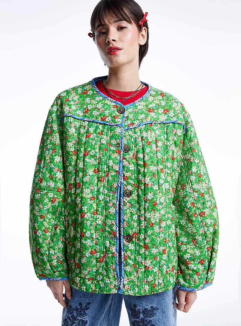 Damson Madder Patterned Green Summer flowers quilted jacket for women