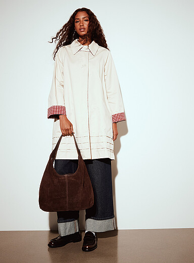 Damson Madder Patterned White Mercedes Bow reversible trench coat for women