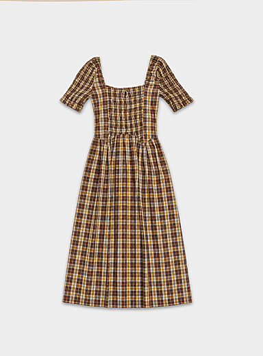 Damson Madder Patterned Brown Emmy smocked checkered midi dress for women