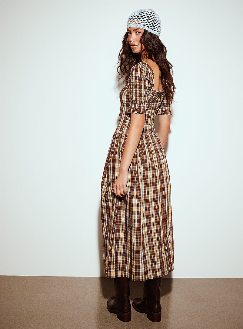 Emmy smocked checkered midi dress | Damson Madder | Shop Midi