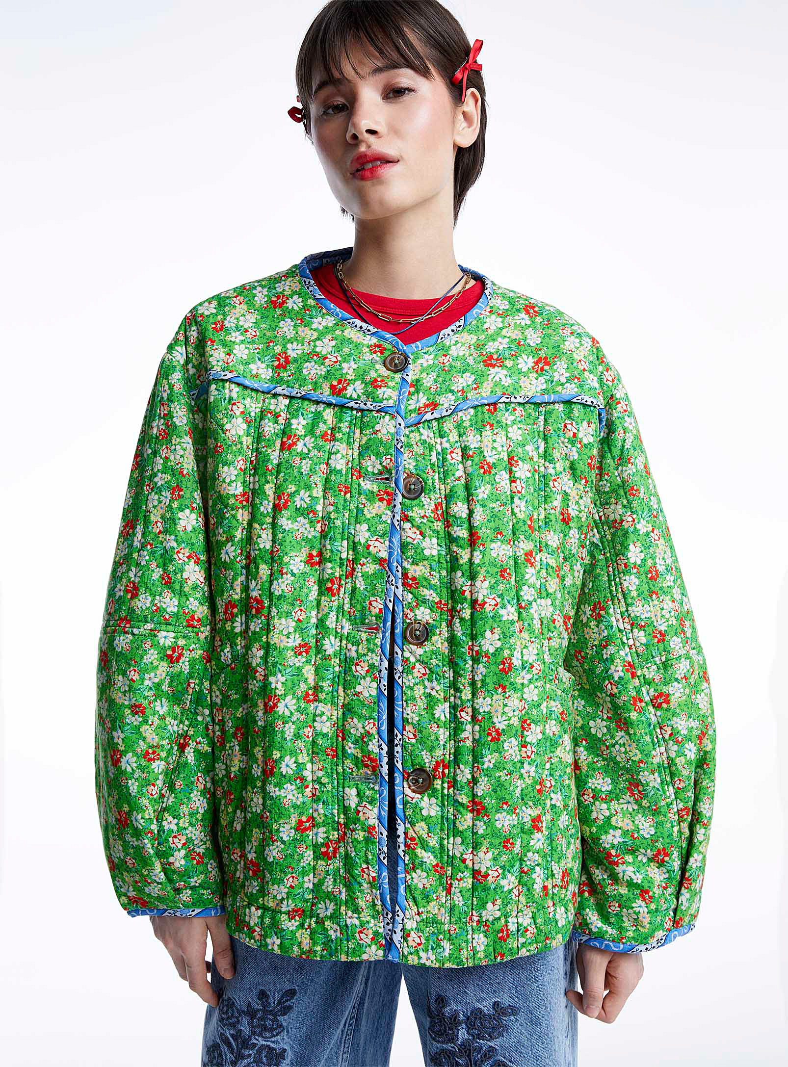 Shop Damson Madder Summer Flowers Quilted Jacket In Patterned Green