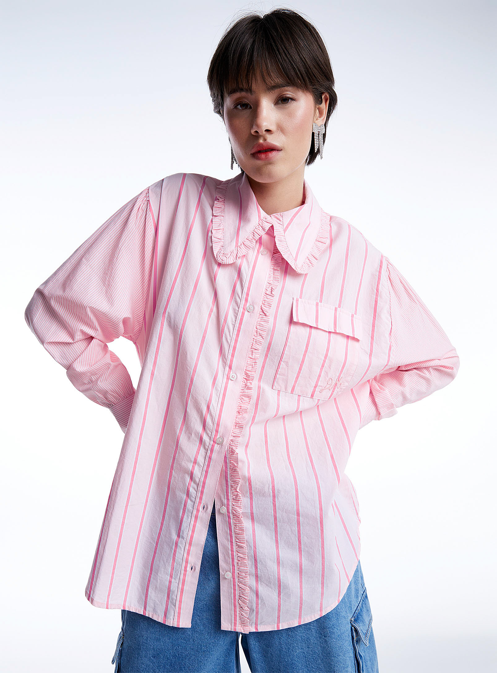 Damson Madder - Women's Striped and ruffled pink shirt