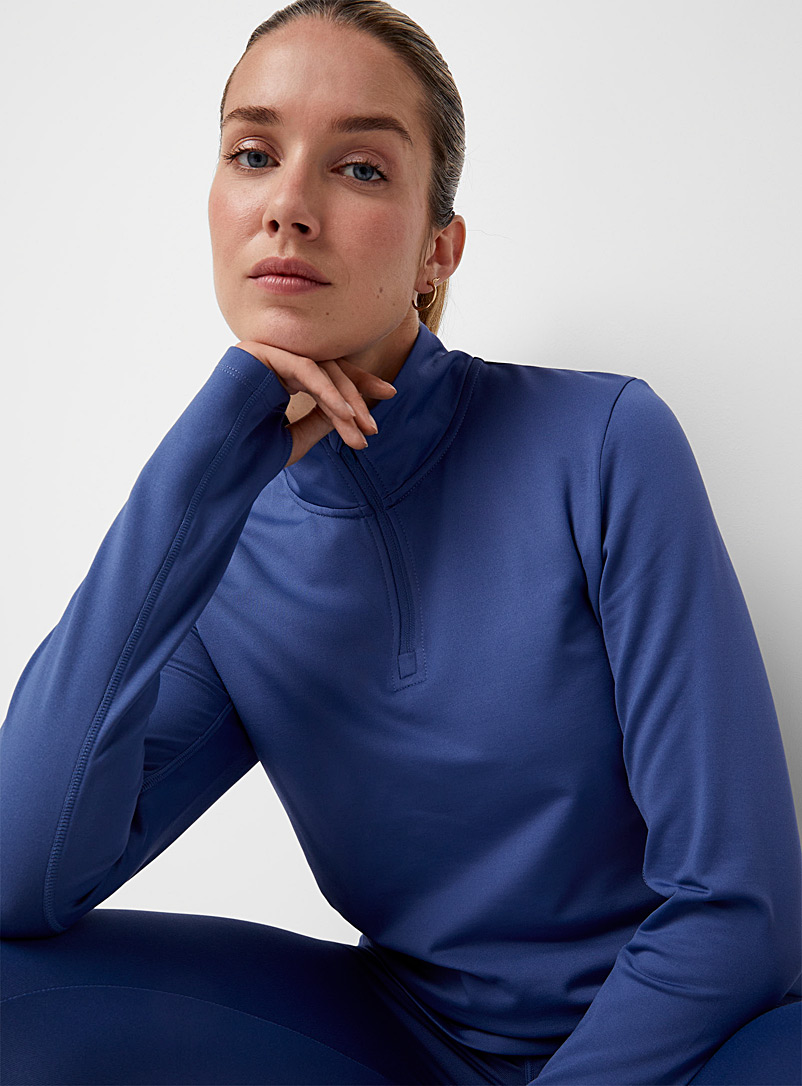 I.FIV5 Slate Blue Zip-neck brushed jersey top for women