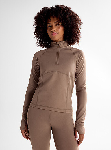 I.FIV5 Brown Brushed polar-fleece-lined zipped mock-neck top for women