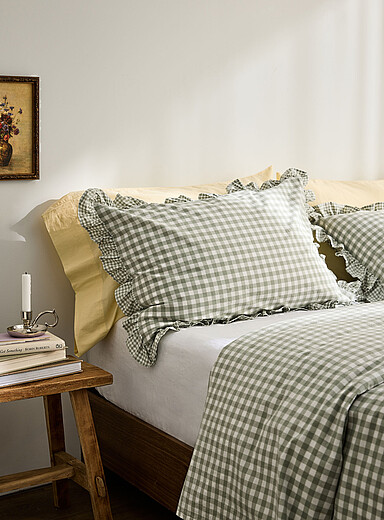Simons Maison Mossy Green Ruffled border gingham pattern pillow sham