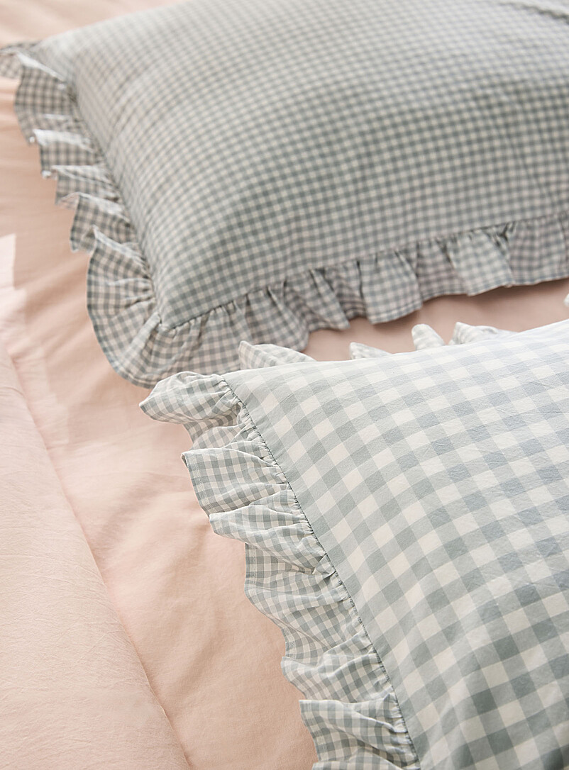 Simons Maison Baby Blue Ruffled border gingham pattern pillow sham