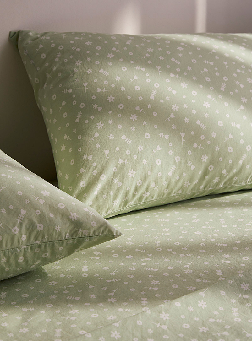 Simons Maison Patterned Green White flowers organic cotton bedsheet set Fits mattresses up to 16 in