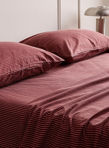 Simons Maison Patterned Crimson Pinstriped burgundy organic cotton sheet set 144-thread-count Fits mattresses up to 16 in
