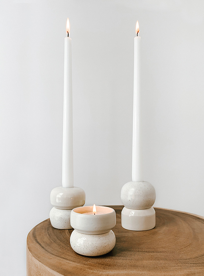AND Ceramic Studio White Gem reversible candle holder trio
