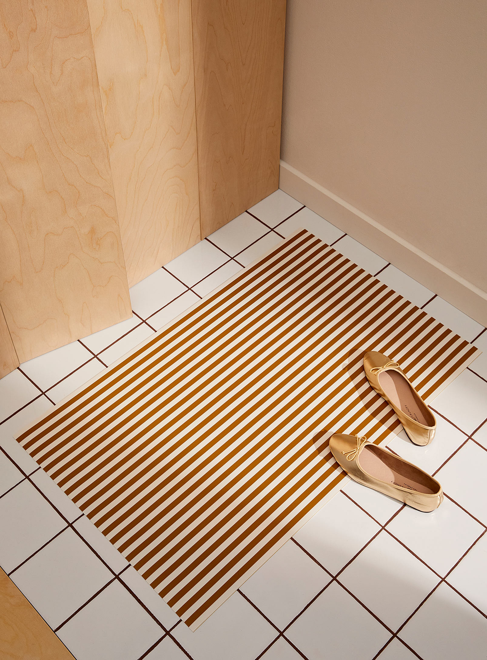 Adama Caramel Stripes Vinyl Mat See Available Sizes In Ivory/cream Beige