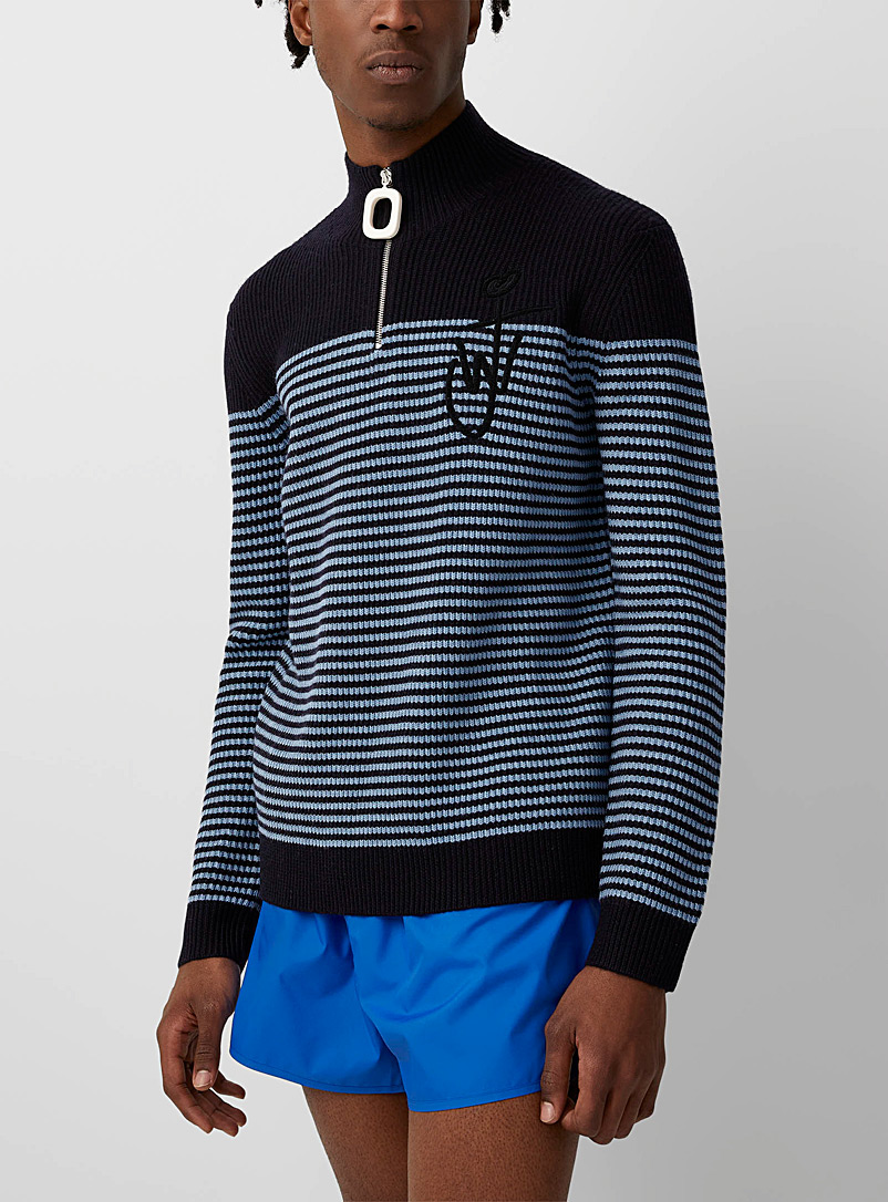 JW Anderson Marine Blue Striped zipped neck sweater for men