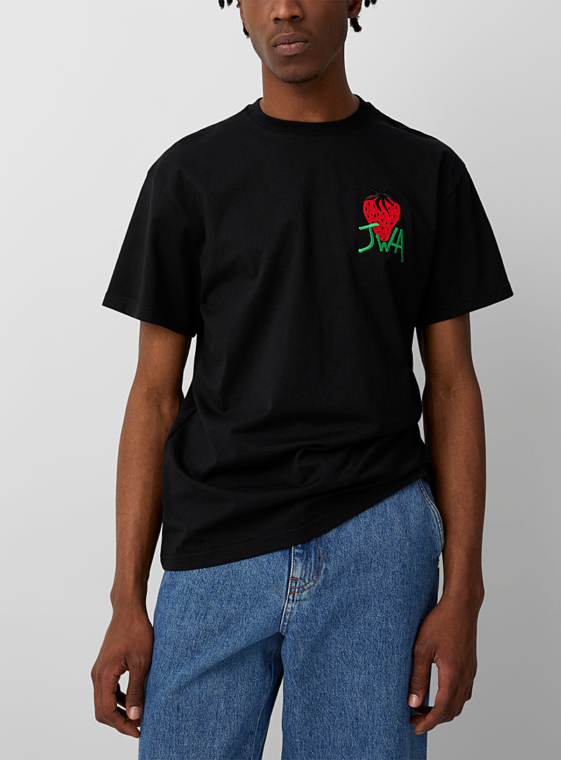JW Anderson Black Embroidered strawberry T-shirt for men