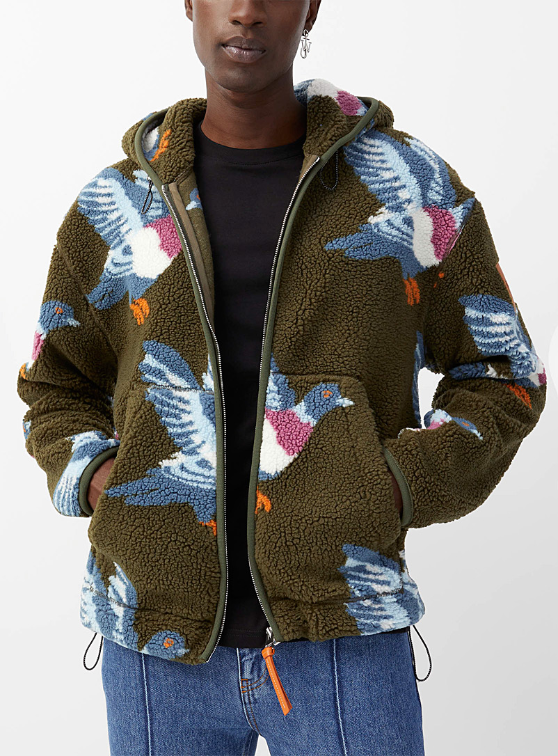 JW Anderson: La veste motifs oiseaux texture bouclée Kaki chartreuse pour homme