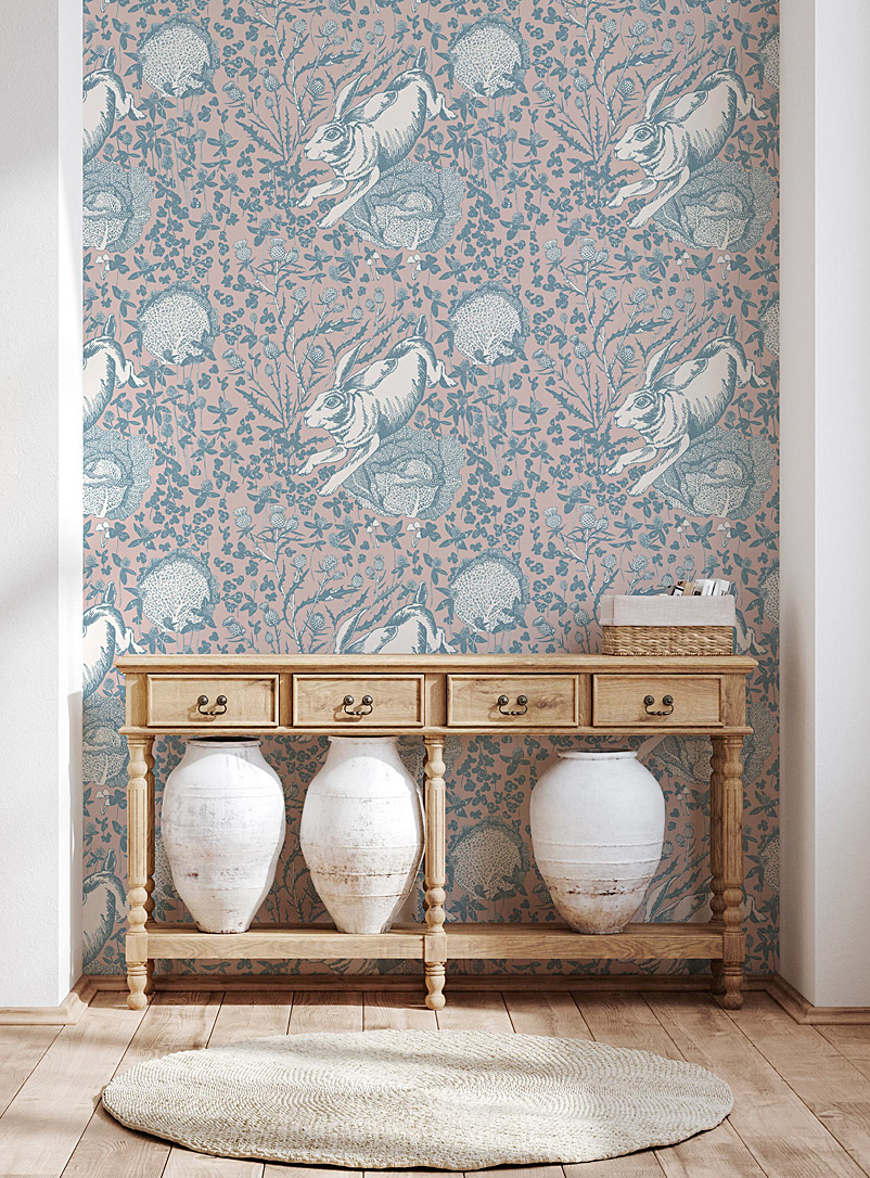 Walls of Ivy Pink The hare, thistle and cabbage silkscreened wallpaper