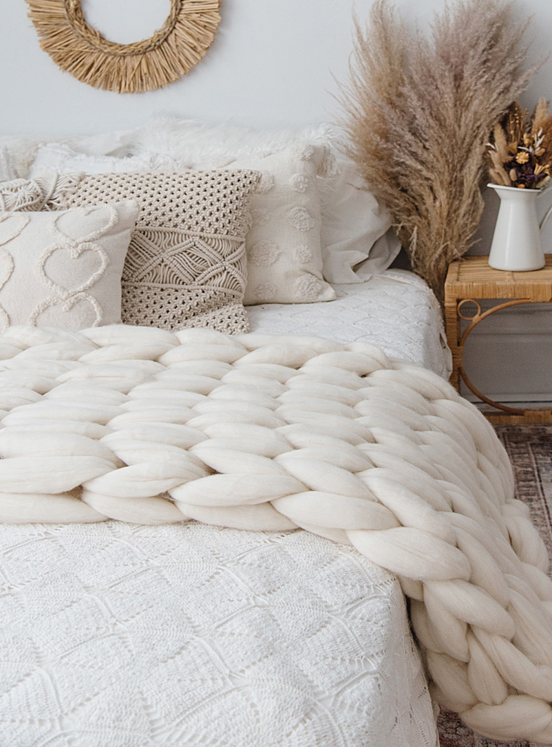 PrairieKnots Ivory/Cream Beige Luxurious merino knit throw See available sizes